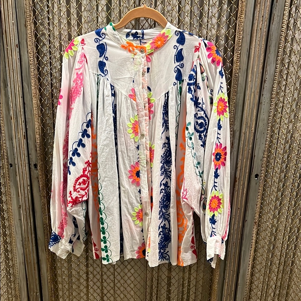 Floral Embroidered Blouse - Multicolor
